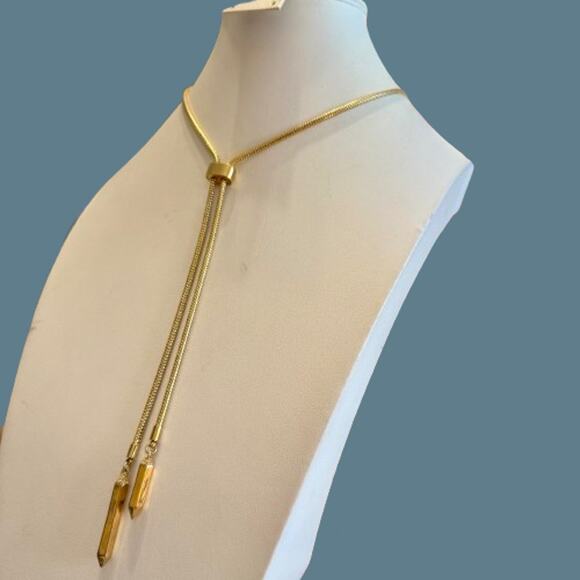 Gold Tone Snake Chain Lariat Necklace w/ Obelisk Pendants - Picture 7 of 8